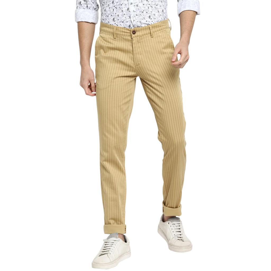 Turtle Men Cotton Stretch Striped Narrow Fit Beige Casual Trouser