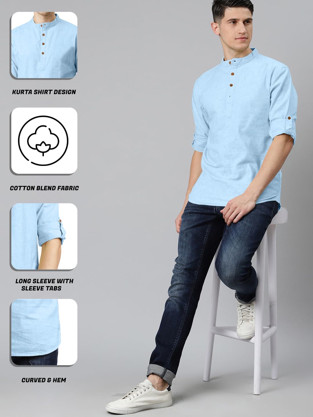 Zombom MenS Cotton Blend Solid Casual Regular Fit Mandarin Collor Short Kurta For Men Sky Blue