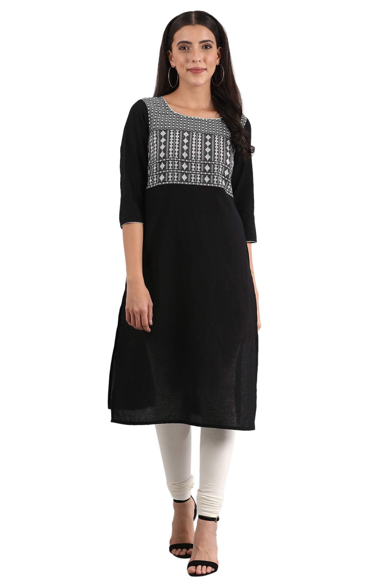Aurelia Women'S Cotton Blend Letter Print Regular Fit Kurta (22Fea11173-700795_Black_Xs)