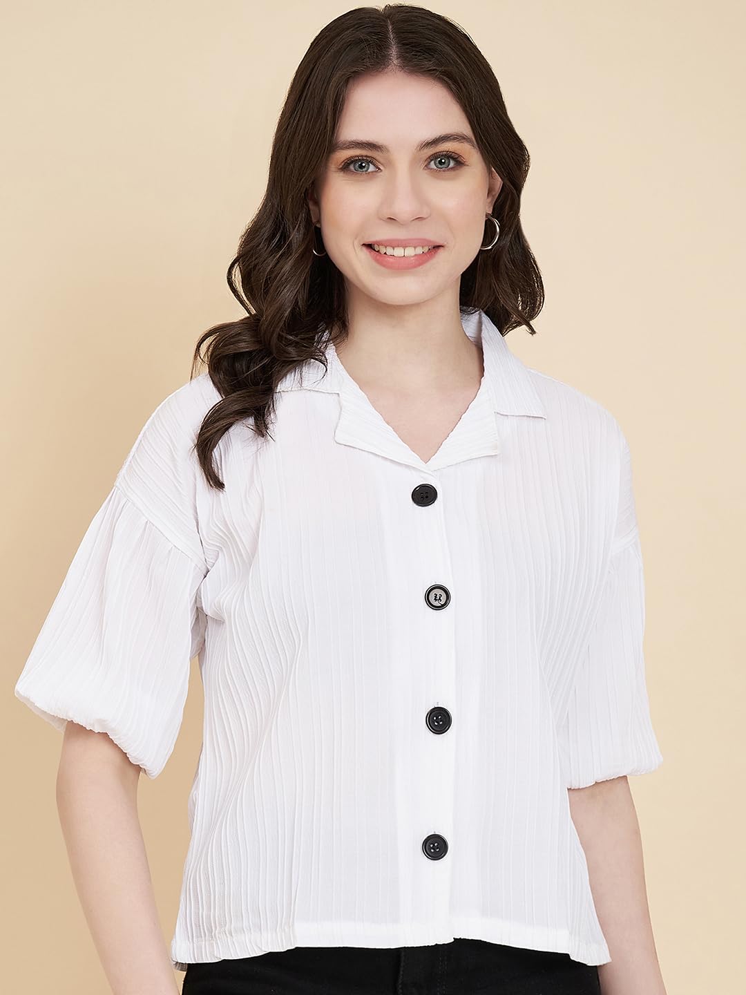 Vairagee Women Cotton Blend White Striped Pattern V-Collar Half Sleeve Stylish Boxy Shirt (1621)