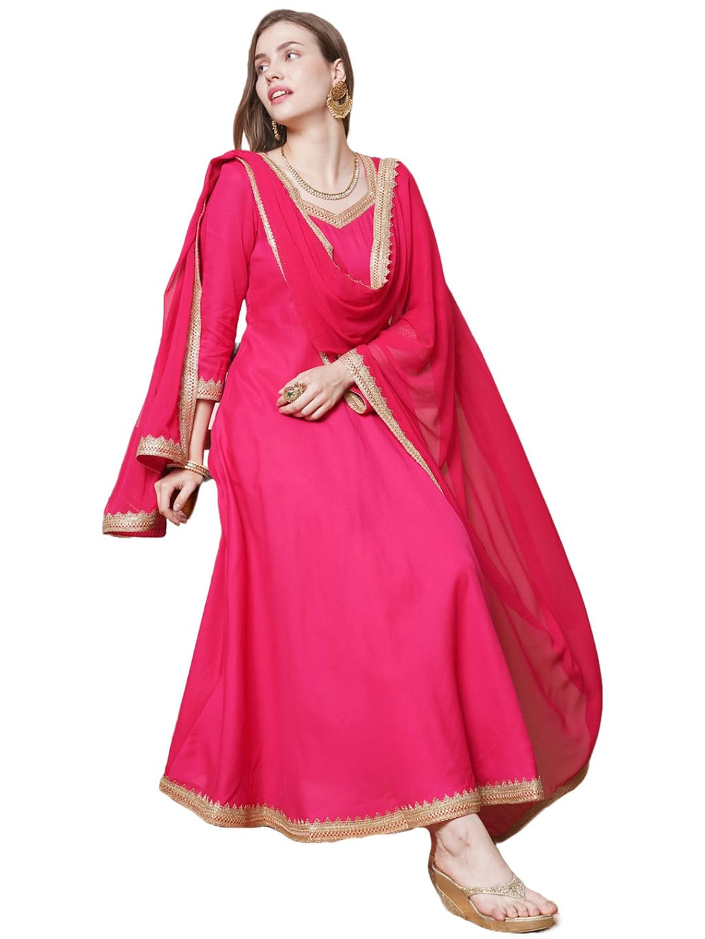 ANNI DESIGNER Womens Rayon Blend Anarkali Solid Kurta with Pant & Dupatta (Shyam Pink_XXL_Pink_XX-Large)