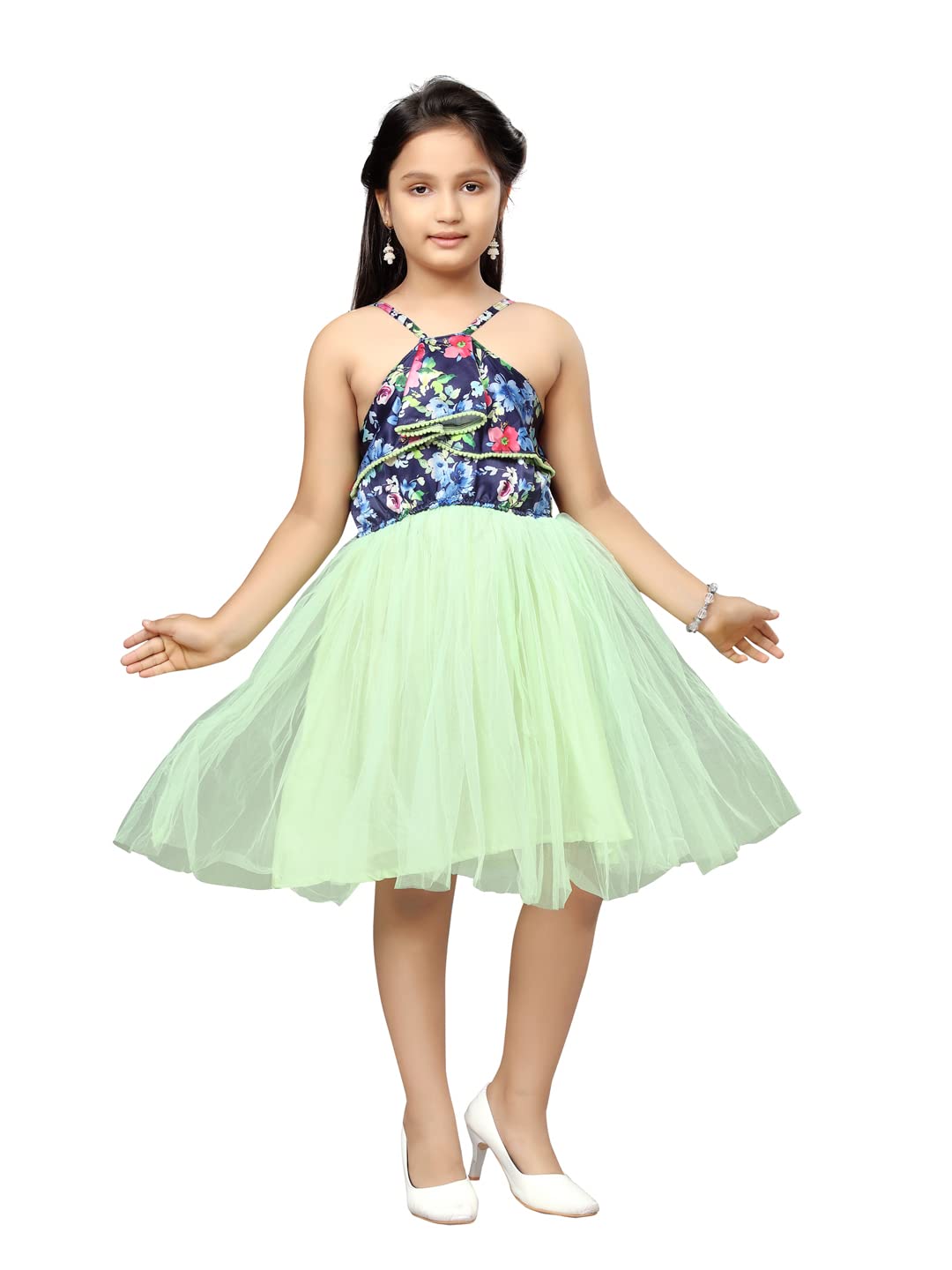 Aarika Girls Nylon Skater Knee-Length Dress (MD-22133_Green_28)