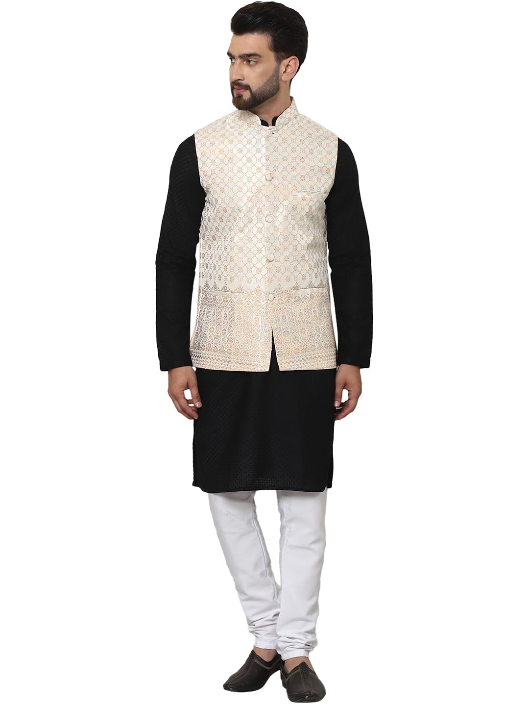 SOJANYA (Since 1958 Mens Pure Cotton Black Kurta and White Pyjama with Cream Nehru Jacket