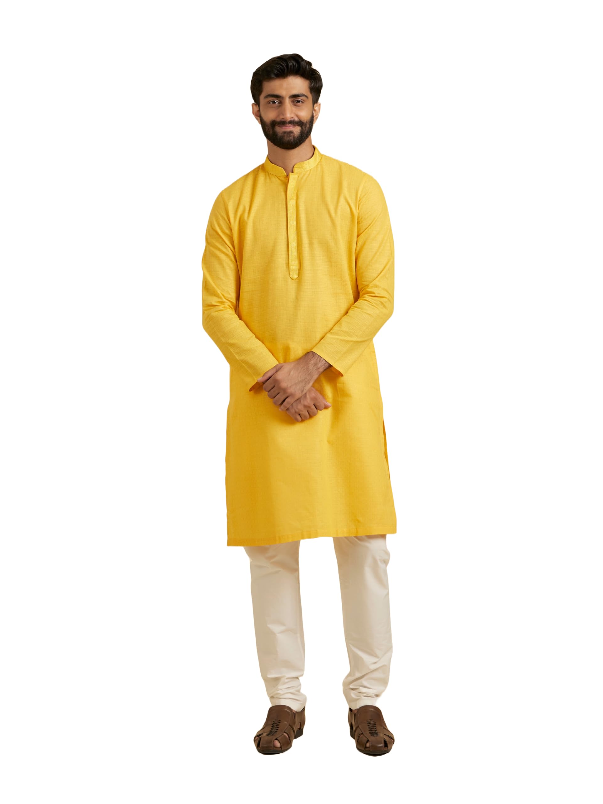 Manyavar Selftextured Knee Long Kurta And Churidar Set For Men - (Yellow, Xx-Large)