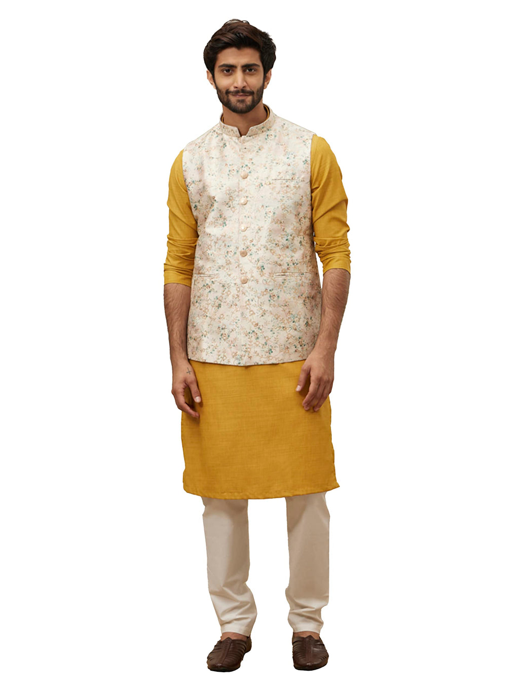 Manyavar Printed ART SILK Nehru Jacket For Men, Sleeveless, Mandarin Collar, Ethnic Wear (GREEN, XL)