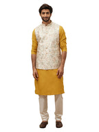 Manyavar Printed ART SILK Nehru Jacket For Men, Sleeveless, Mandarin Collar, Ethnic Wear (GREEN, XL)
