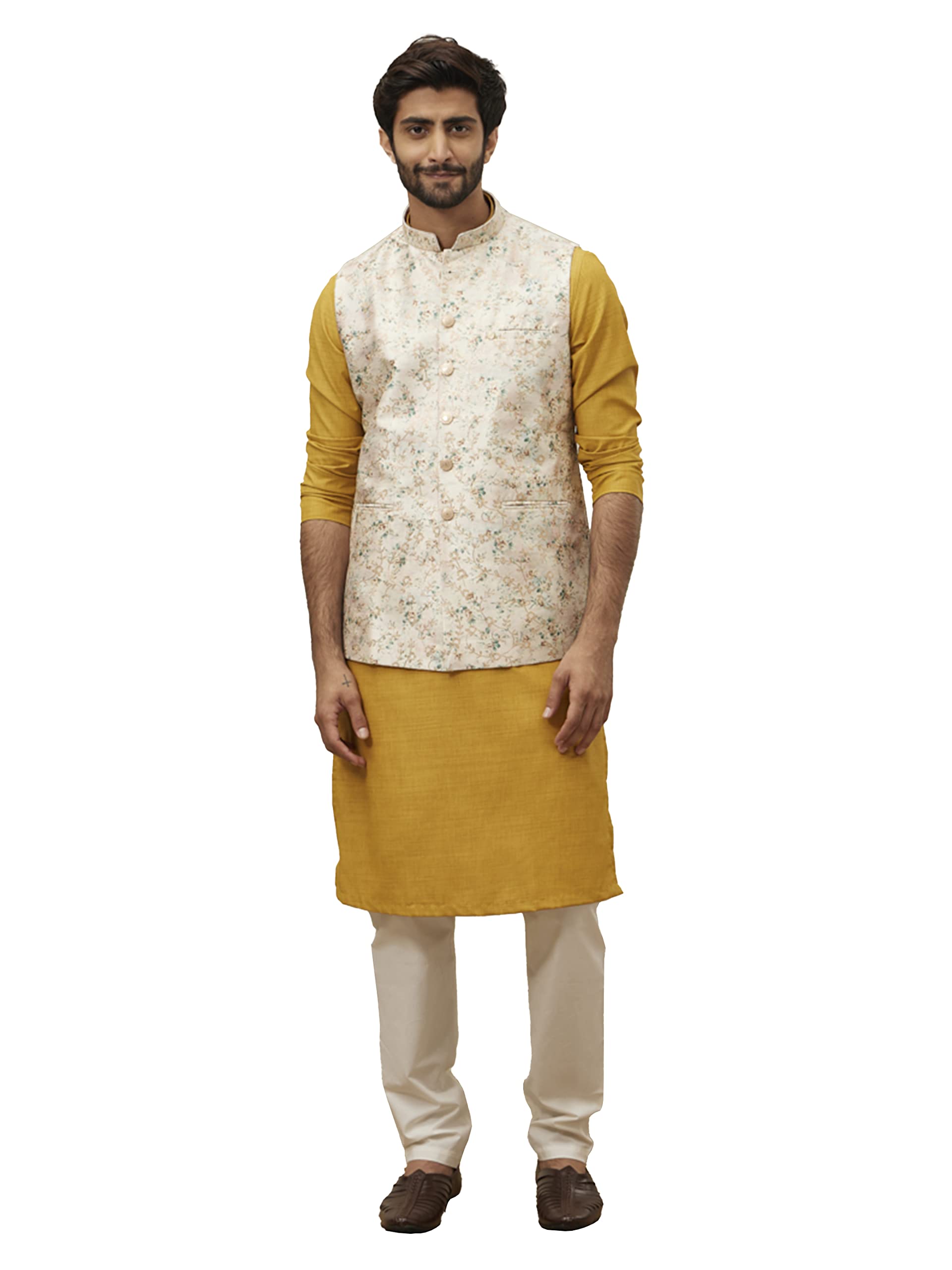 Manyavar Printed ART SILK Nehru Jacket For Men, Sleeveless, Mandarin Collar, Ethnic Wear (GREEN, XL)