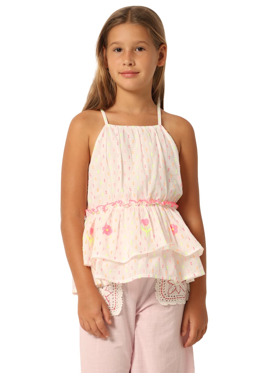 Vero Moda Girls Embroidery Cotton White Ruffle Top
