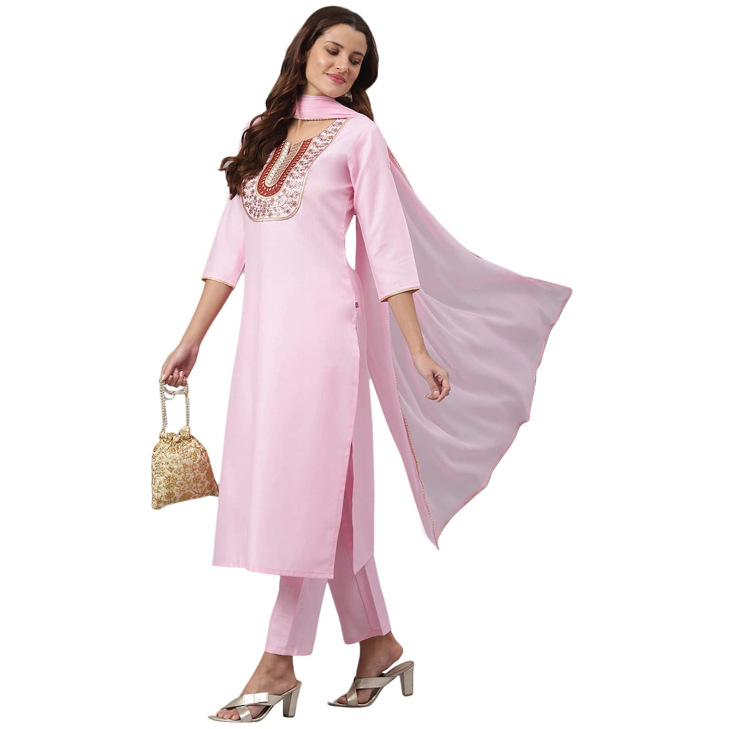 Gosriki Women'S Cotton Blend Straight Solid Kurta With Pant & Dupatta (Ramaneey Pink_New_Xxl-Go_Pink_Xx-Large)