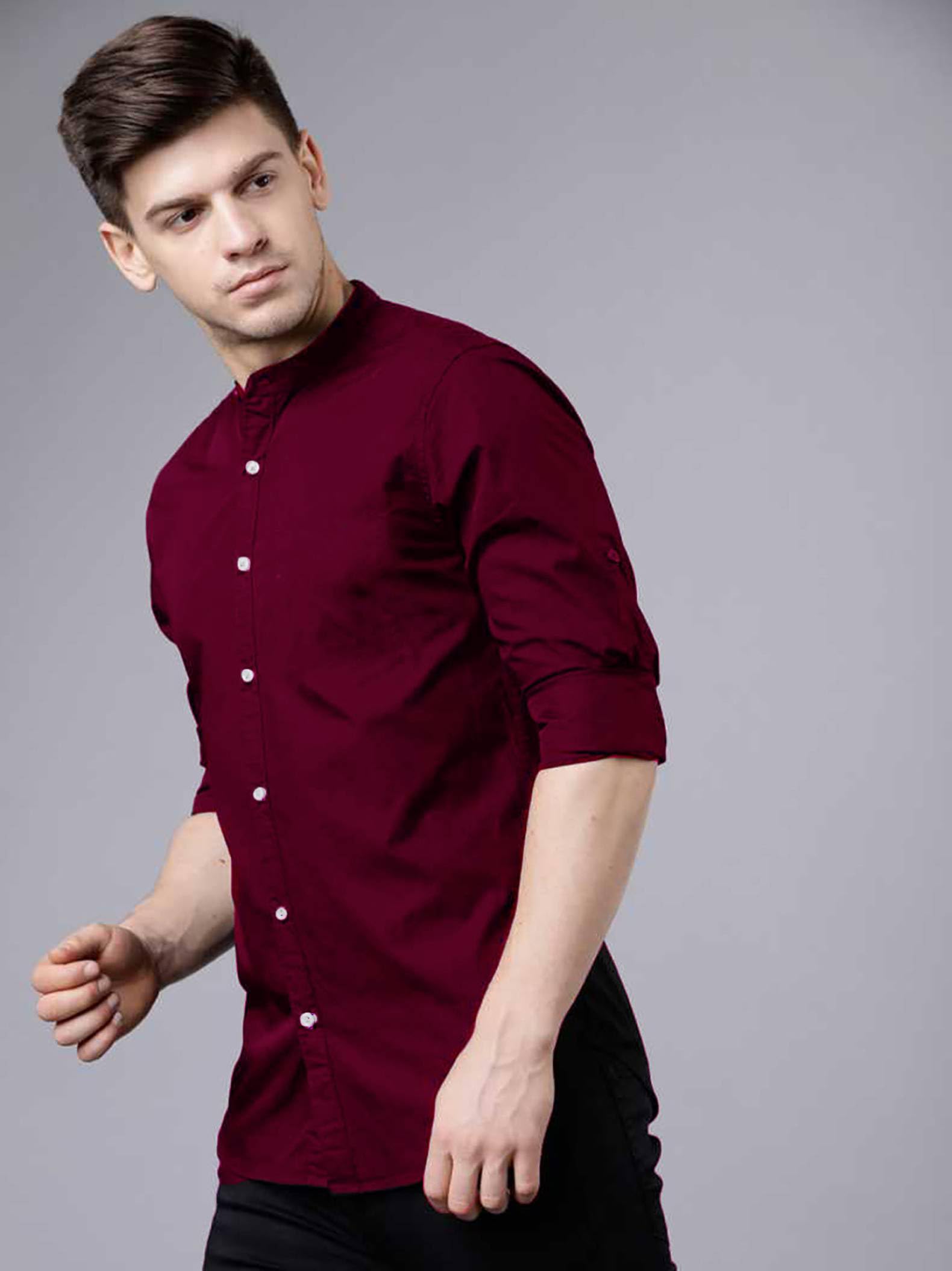 Rebelify MenS Cotton Blend Maroon Regular Fit And Button Down Long Sleeve Mandarian Neck Chinese Collard S To Xl Size Shirt. (P