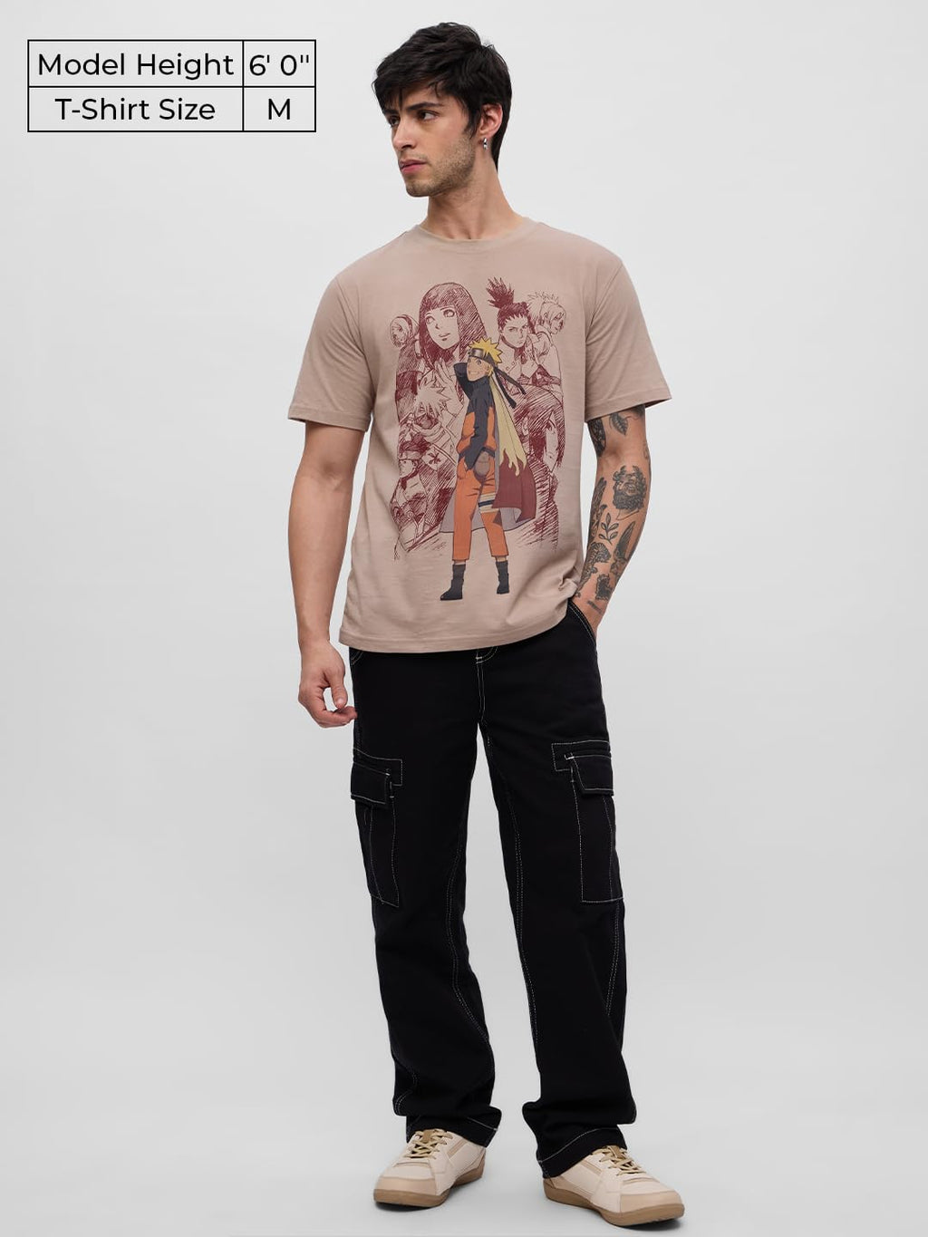 The Souled Store Naruto Shippuden: Uzumaki Men and Boys Short Sleeves Round Neck Beige Graphic Printed Regular Fit Cotton T-Shir