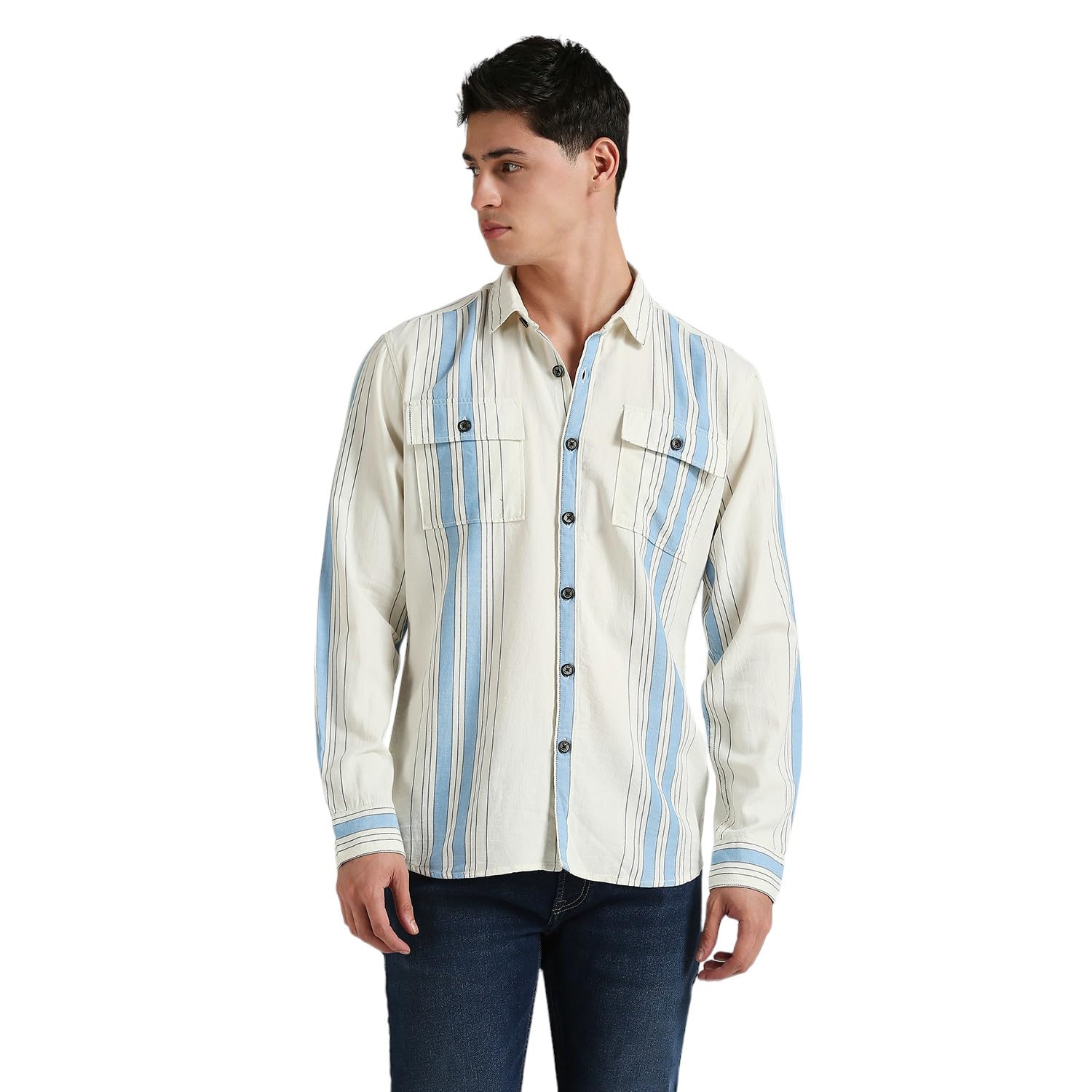 Pepe Jeans MenS Striped Regular Fit Shirt (Pm308754_Ecru White