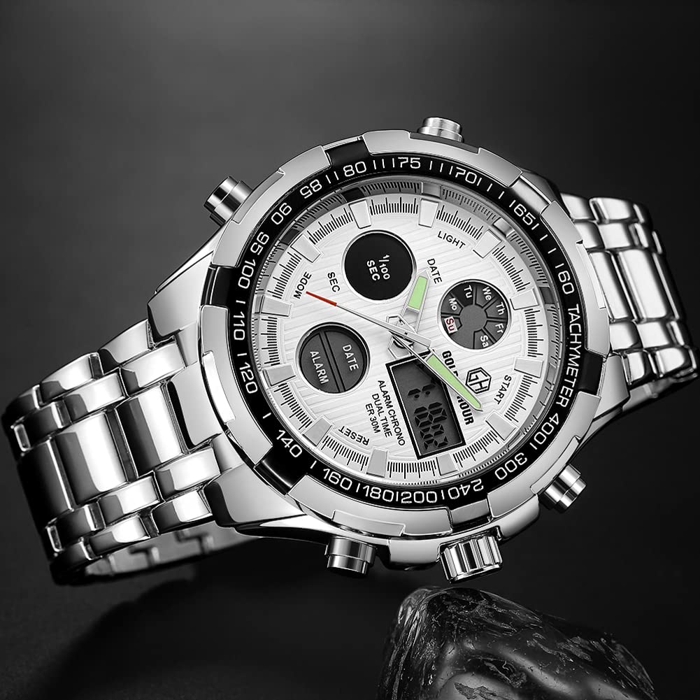GOLDEN HOUR Luxury Stainless Steel Analog Digital Watches for Men Male Outdoor Sport Waterproof Big Heavy Wristwatch (Silver Whi