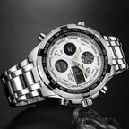 GOLDEN HOUR Luxury Stainless Steel Analog Digital Watches for Men Male Outdoor Sport Waterproof Big Heavy Wristwatch (Silver Whi