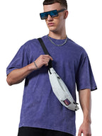 Bewakoof MenS Self Design Oversized Fit Half Sleeve Round Neck Cotton Jersey Acid Wash T-Shirt_624637_Blue_S