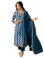 Naixa Womens Petrol French Crepe with Cotton Lining Embroidered and Printed Straight Kurta with Rayon Pant and Organza Embroide