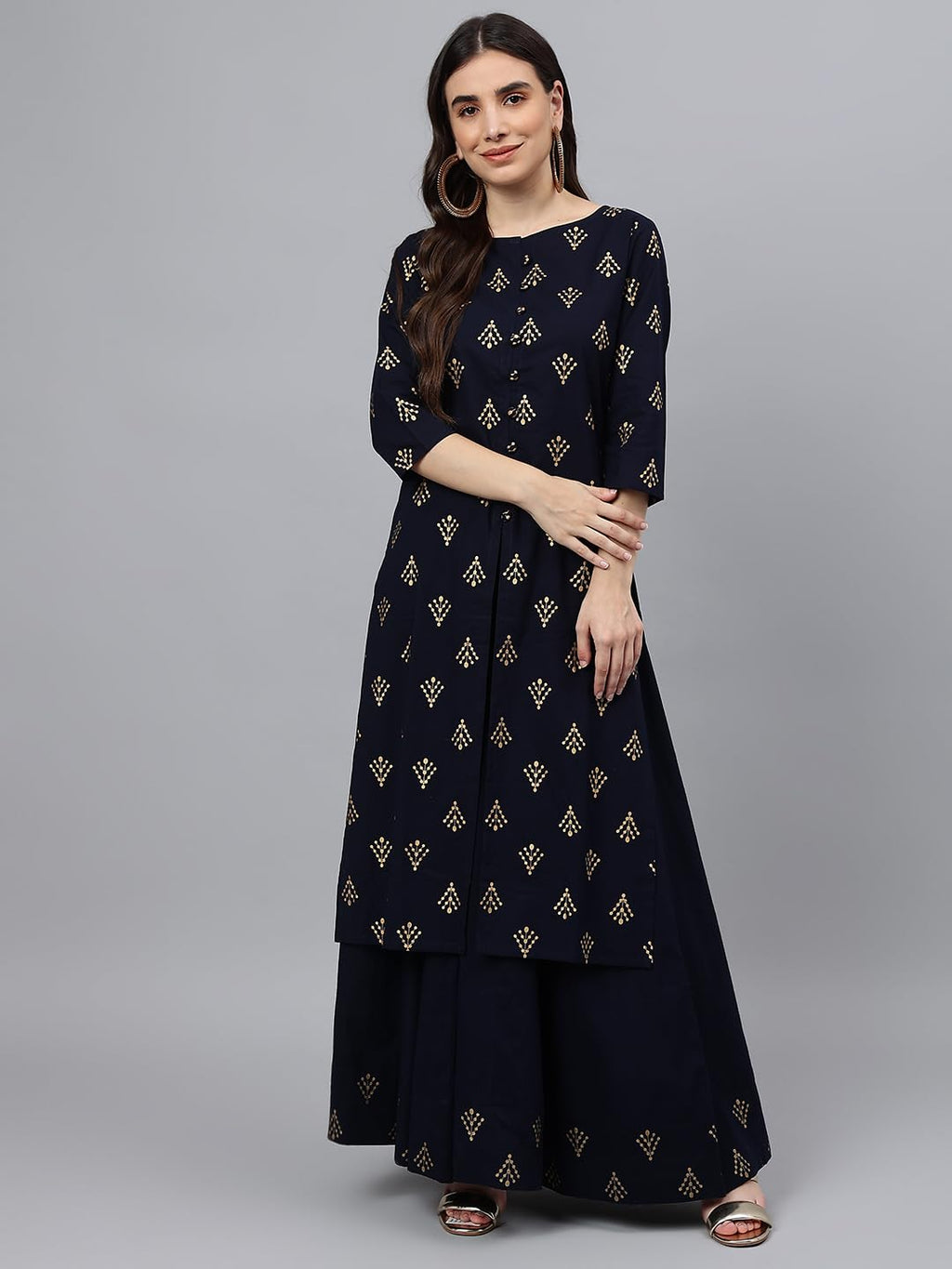 Idalia Cotton Printed A-Line Kurta Set With Skirt - Long Kurta With Skirt - Skirt And Kurta Set For Wedding, 3/4Th Sleeve, Round Neck, Calf Length