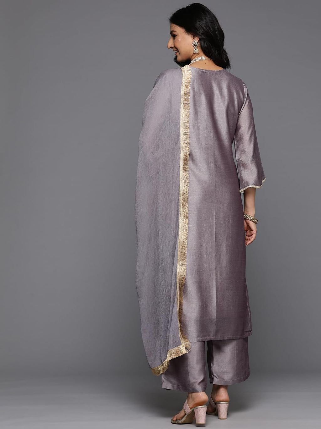 Varanga Women Grey Round Neck With Heavy Zari Embroidered Kurta With Bottom And Dupatta