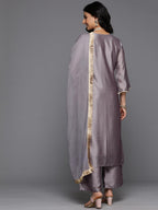 Varanga Women Grey Round Neck With Heavy Zari Embroidered Kurta With Bottom And Dupatta