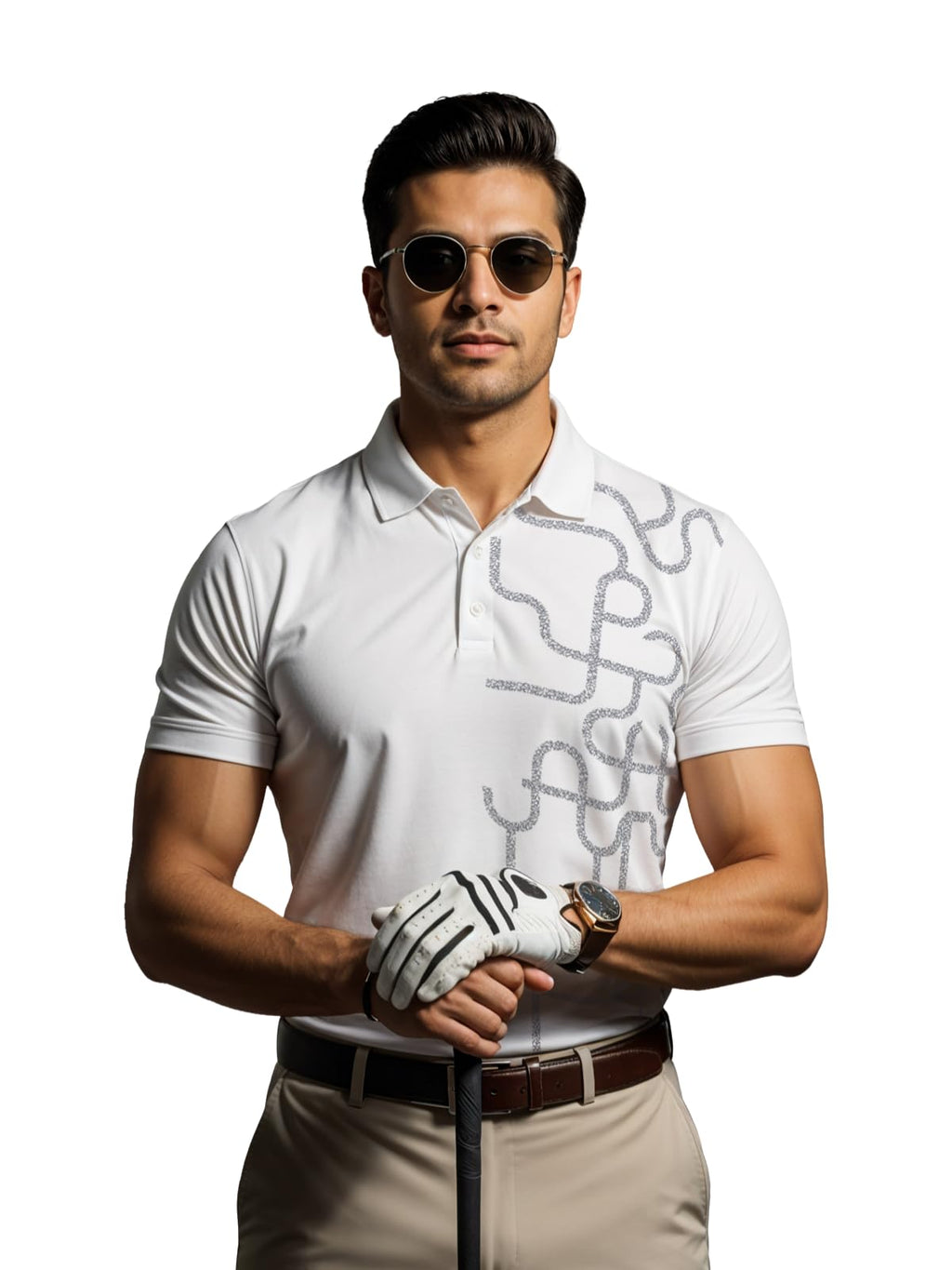 Mens Cotton Printed Polo Tshirt | 220 GSM Interlock Fabric | Slim Fit | Skin-Friendly Ink | Milk White Golf-Inspired Pattern T 