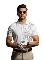 Mens Cotton Printed Polo Tshirt | 220 GSM Interlock Fabric | Slim Fit | Skin-Friendly Ink | Milk White Golf-Inspired Pattern T 