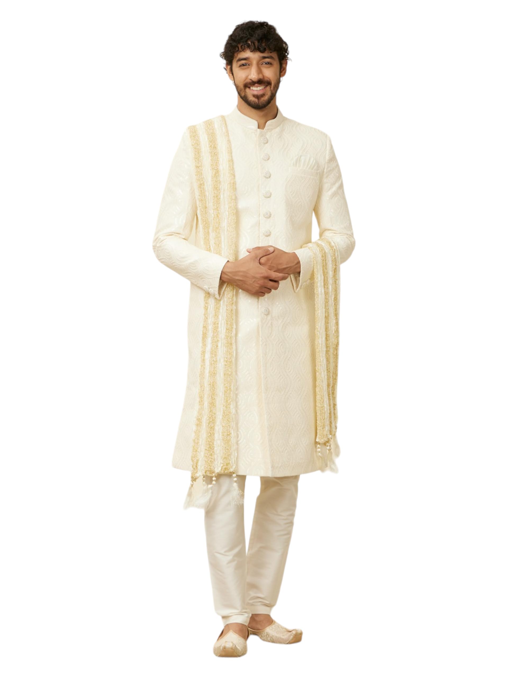 Manyavar Pearl White And Gold Traditional Dupatta