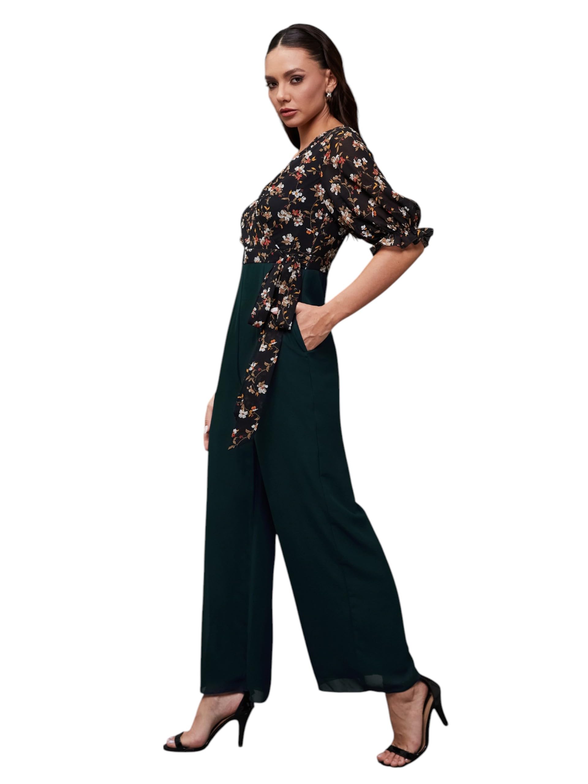 Miss Chase Womens Neck Puff Sleeve Floral Patterned Wrap Regular Jumpsuit (MCSS25D93-16-587-05, Multicolored Base Crystal Teal,