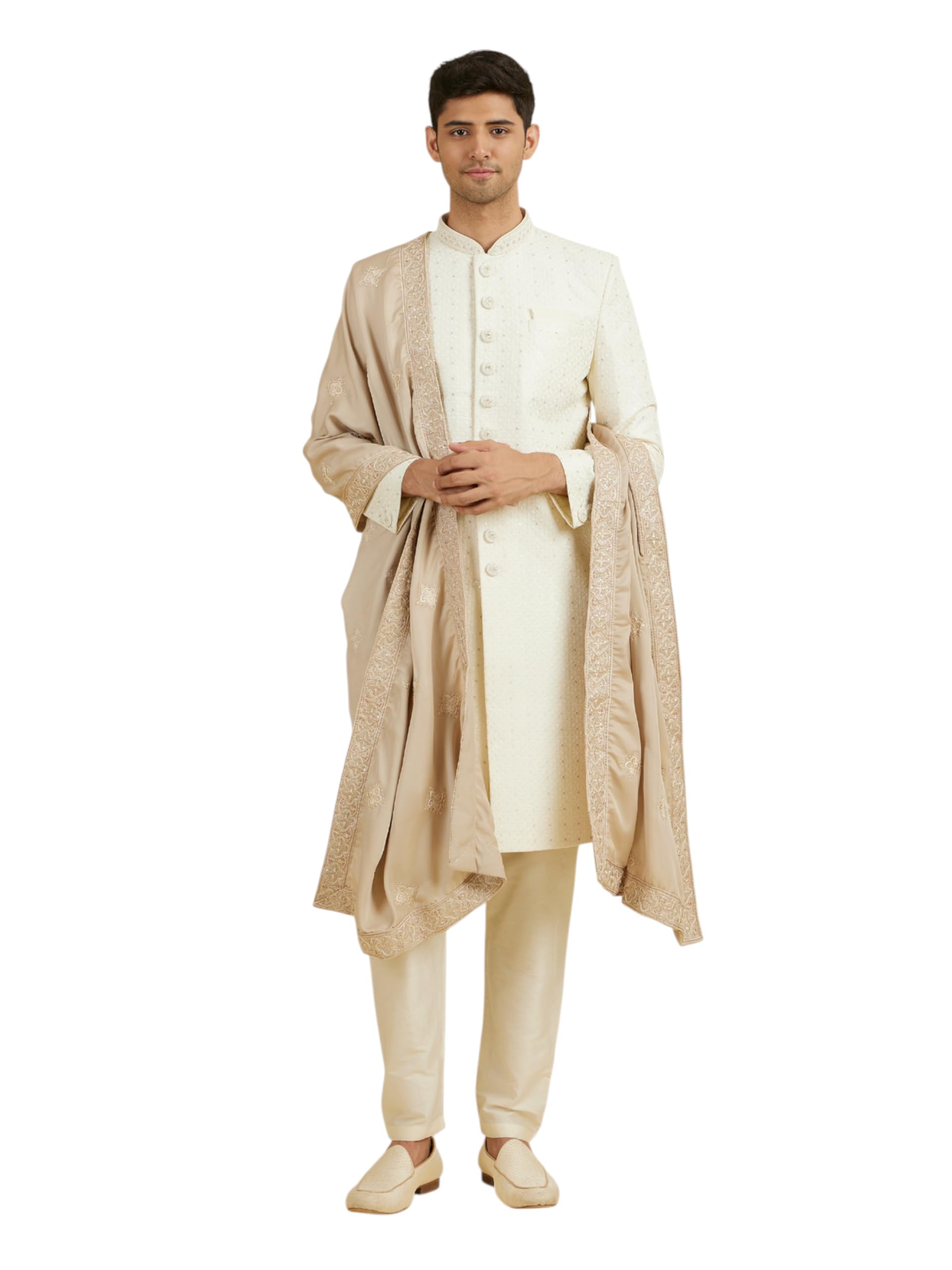 Manyavar Mens Art Silk Embroidered & Sequinned Dupatta(Beige)