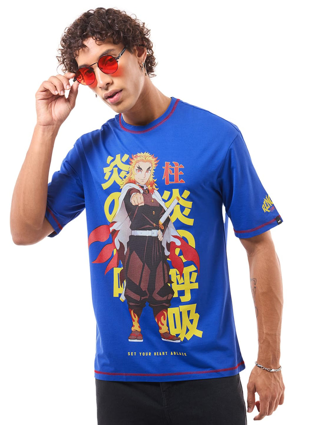 Bewakoof Official Demon Slayer Merchandise Rengoku Mens Graphic Printed Oversized Fit Half Sleeve Round Neck Pure Cotton T-Shir