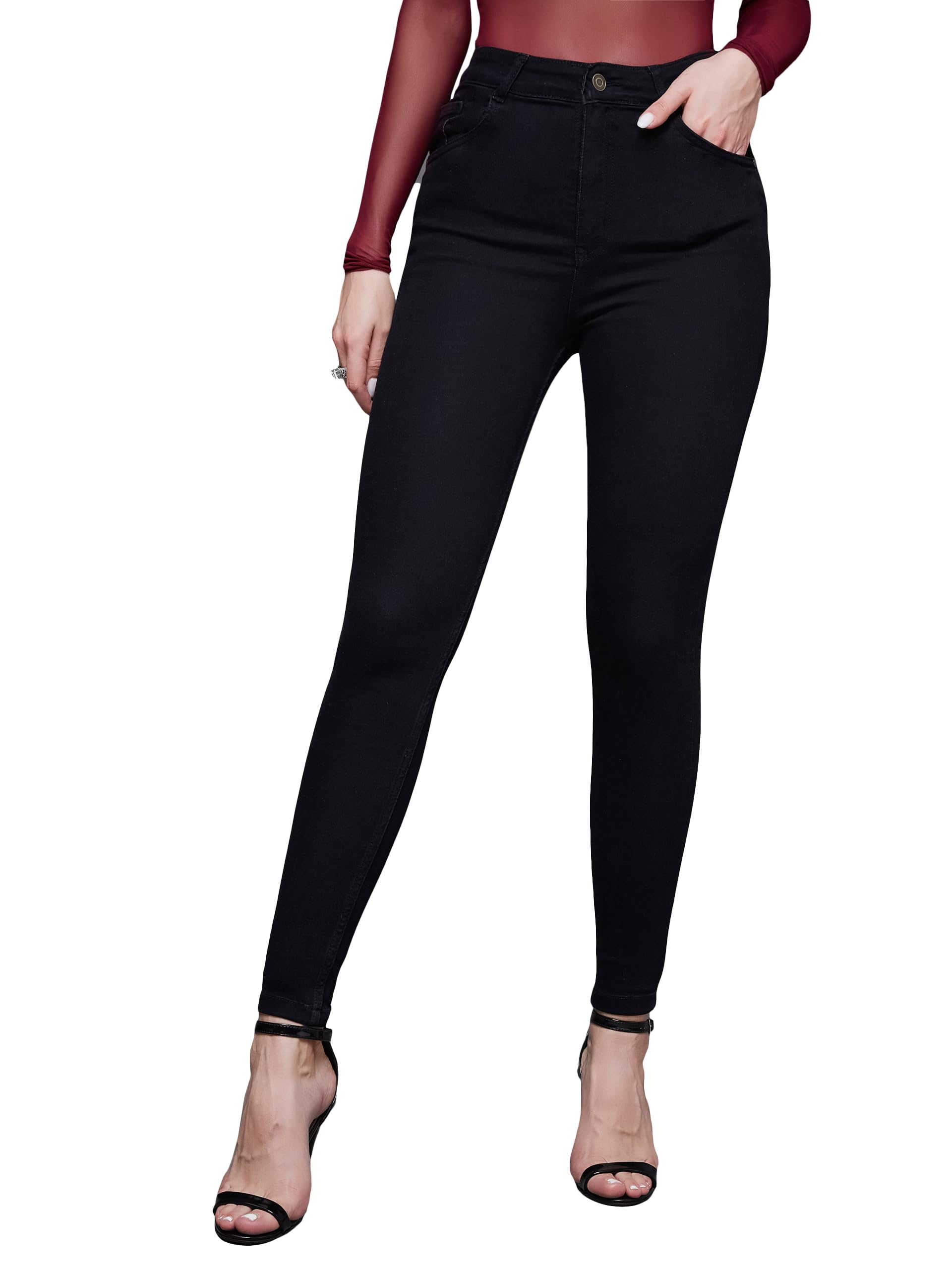 Miss Chase Womens Skinny Fit High Rise Clean Look Regular Length Stretchable Denim Jeans (MCAW18DEN02-76-62-38, Black, 38)