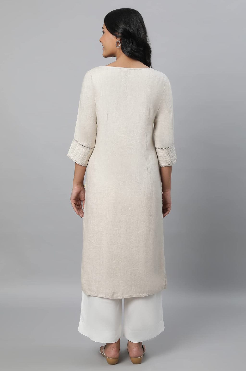 Aurelia Beige Solid Straight Long Kurta With Lace