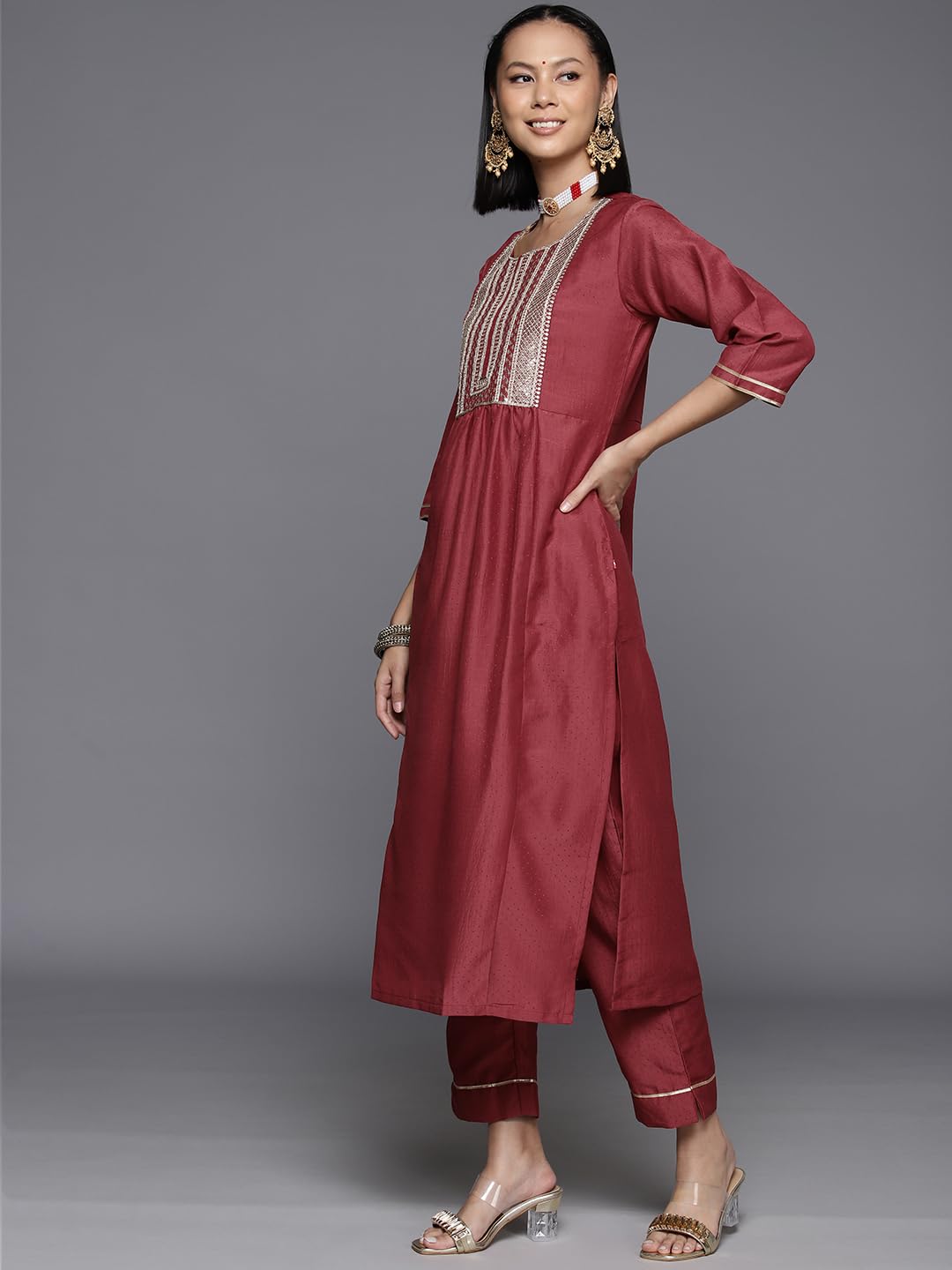 Varanga Rust Embroidered Kurta With Straight Pant And Dupatta