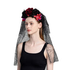 June Bloomy Day of the Dead Headpiece Rose Floral Crown Veil Halloween Costume Mexican Headband (D-Veil Burgundy Black)