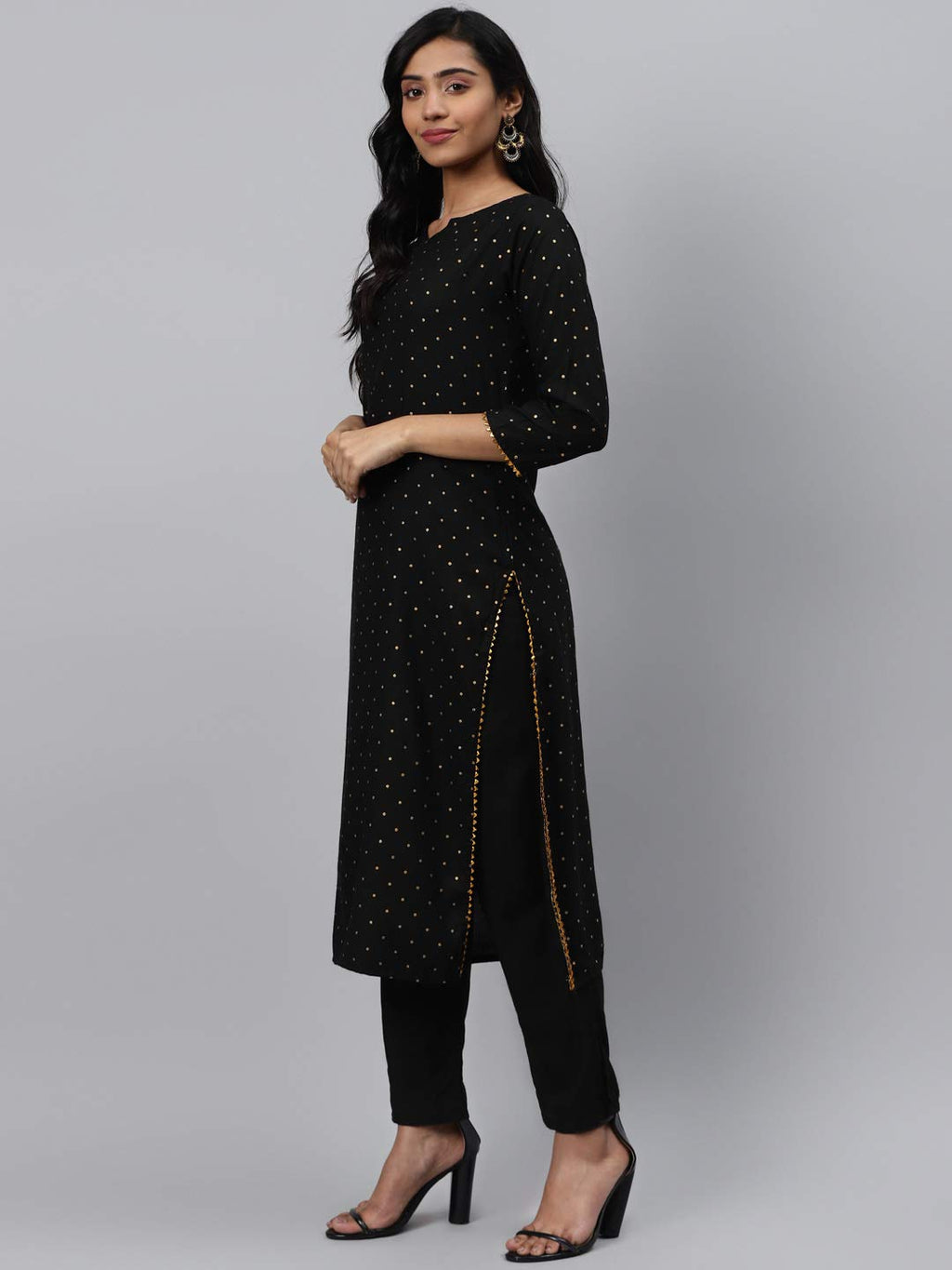 Gosriki WomenS Black & Golden Polka Print Kurta With Trousers & Dupatta