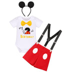 Gentleman Mouse 2nd Birthday Outfit Boys Cake Smash Photo Props for Toddler Kid Baby Romper Suspenders Shorts Bloomers Headband 