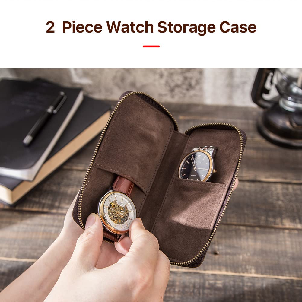 Watch Bracelet Storage Bag Case Leather 2 Pieces, Hiram Portable Travel Watch Genuine Leather Pouch, Watch Bag Leather for Coupl