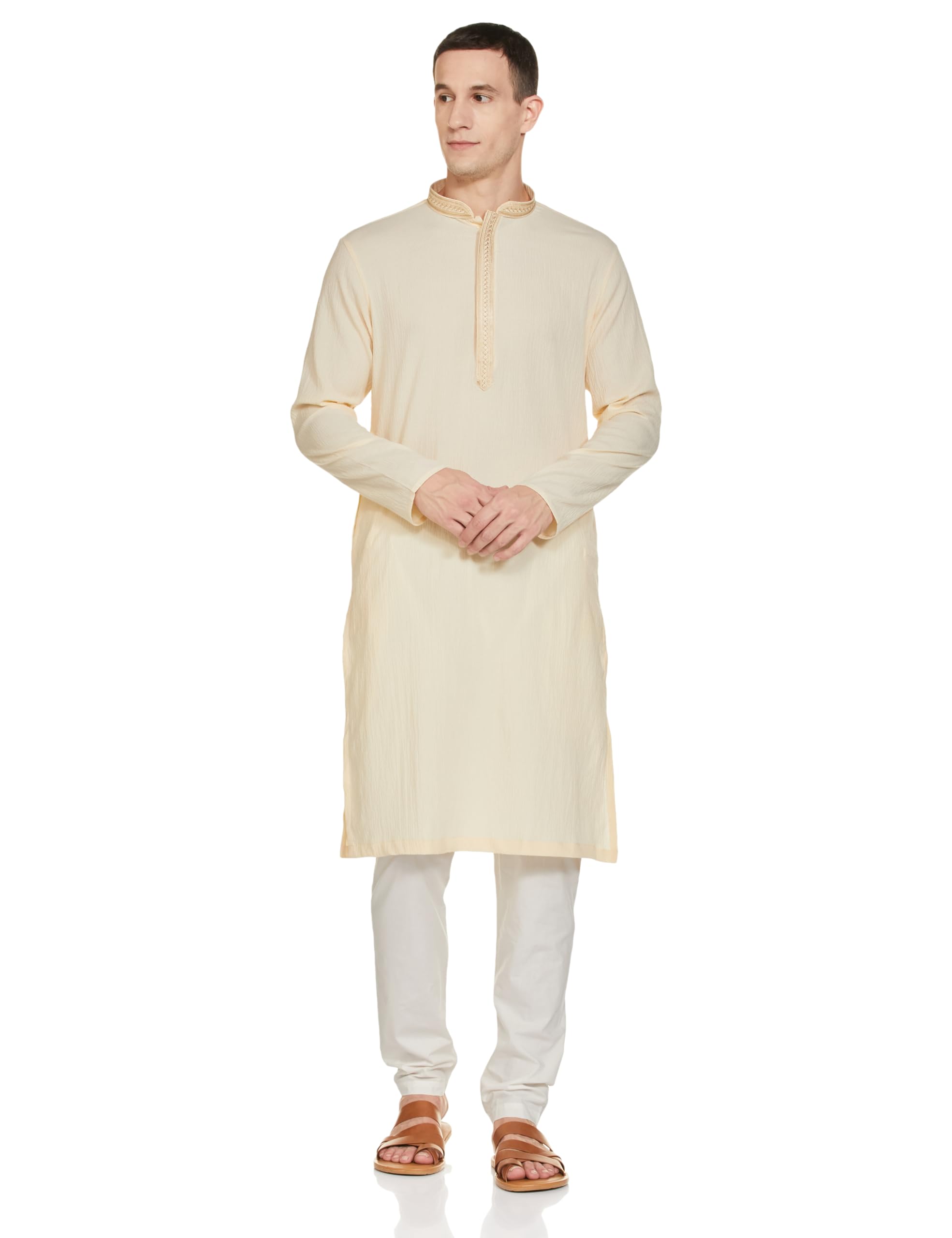 Manyavar Beige Spandex Solid Casual Kurta Set with Mandarin Collar