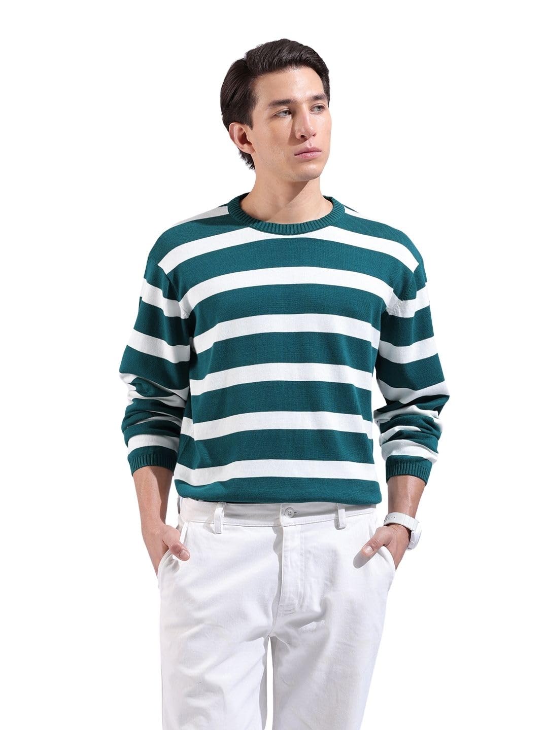 The Indian Garage Co Mens Oversized Textured Flatknit Full Sleeves Crew Neck Sweater