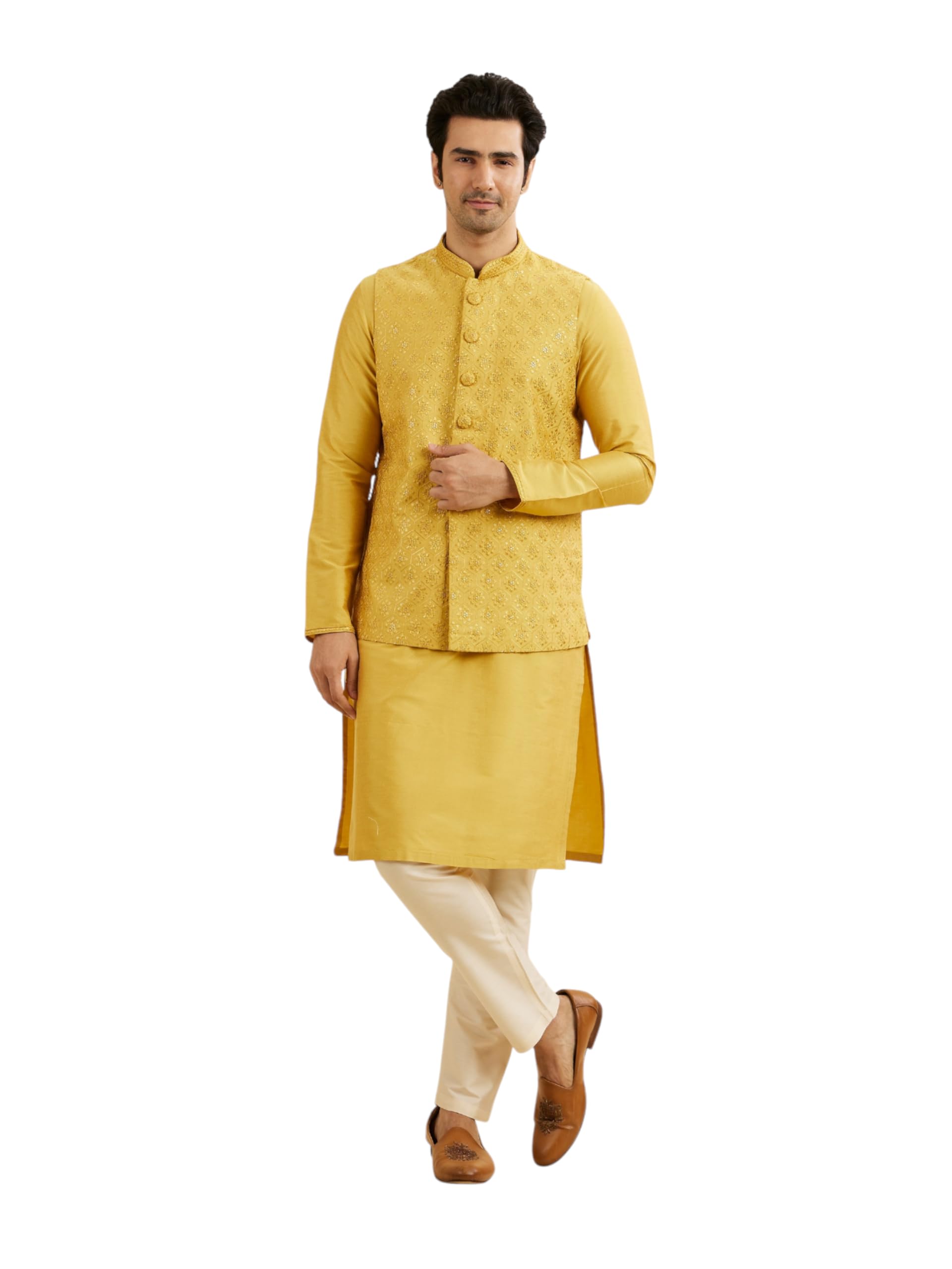 Manyavar Mens Viscose Blend Buta Patterned Kurta Jacket Set (Mustard,XL)