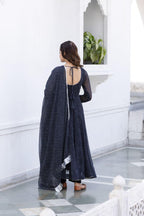 Modestouze Attires WomenS Georgette Anarkali Kurti Pants Dupatta Sets With Floral Printed Calf Length Round Neck And Long Sleev