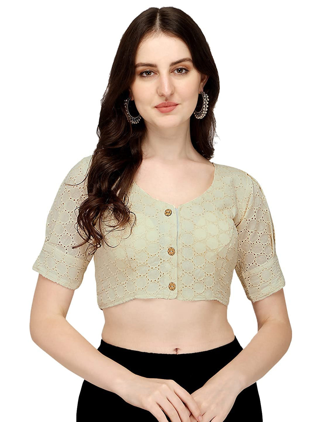 Pujia Mills Womens Cotton Chikankari Embroidery Work Readymade Saree Blouse (40, Dusty White)