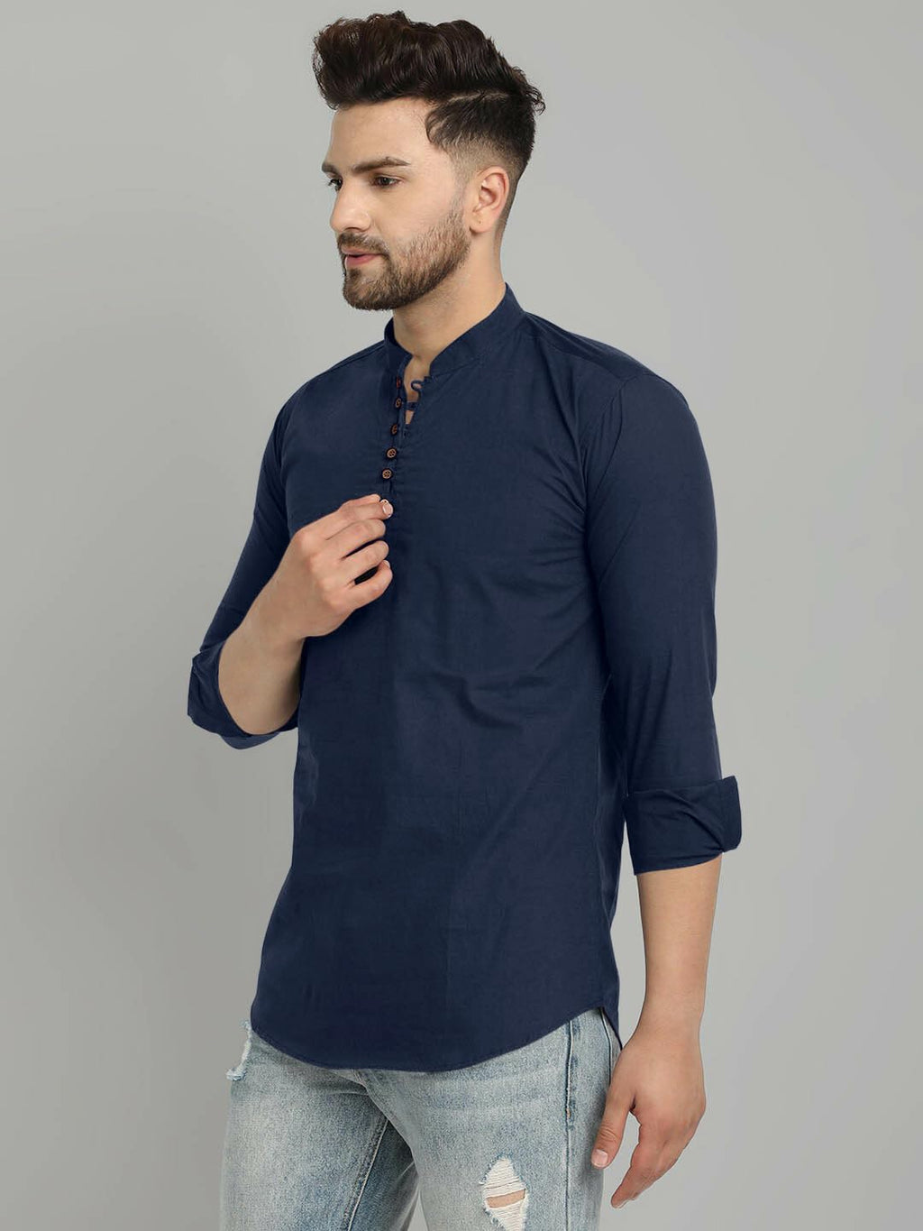 Royalscout MenS Cotton Blend Full Sleeve Short Kurta With Mandarin Collar Navy