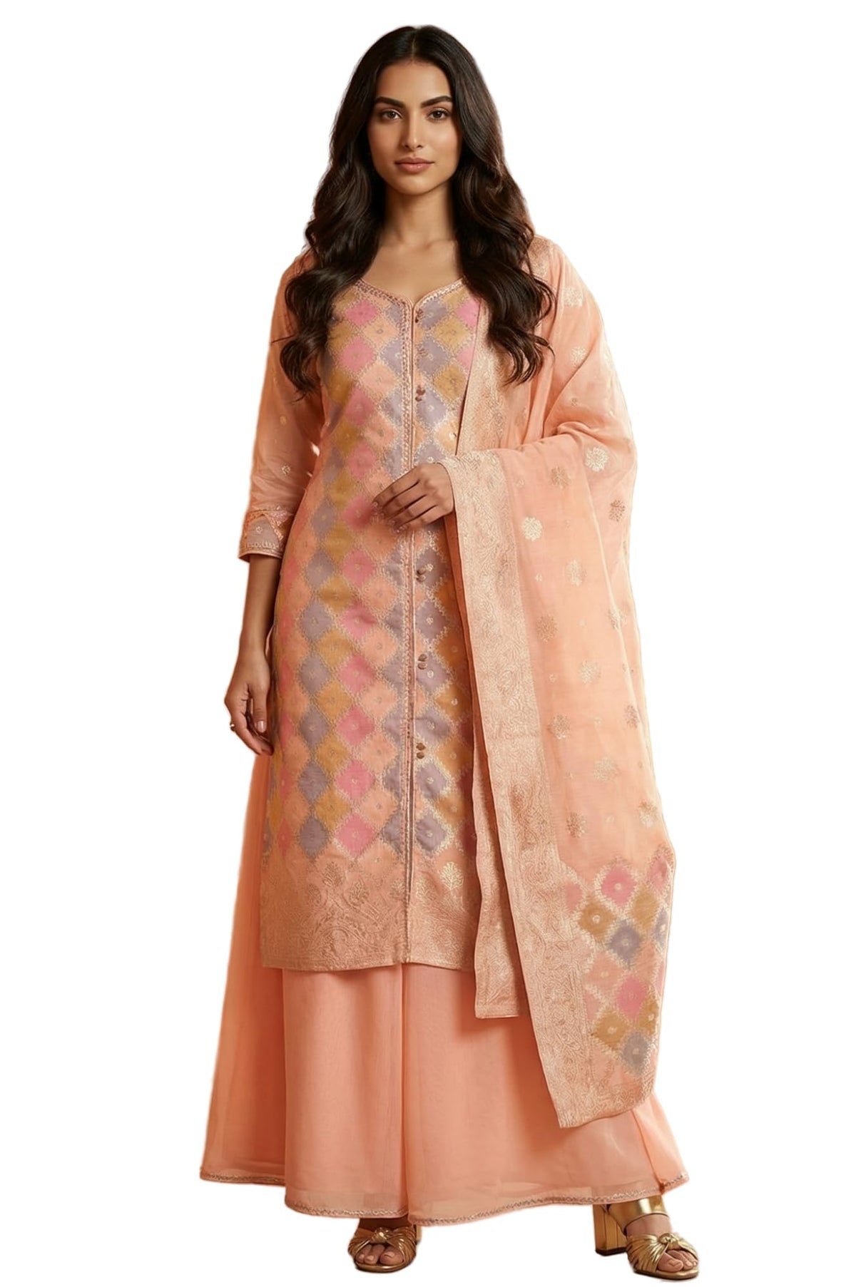Aurelia WomenS Peach Floral Printed A Line Kurta With Palazzo And Dupatta Set - (As16402-706056-L)