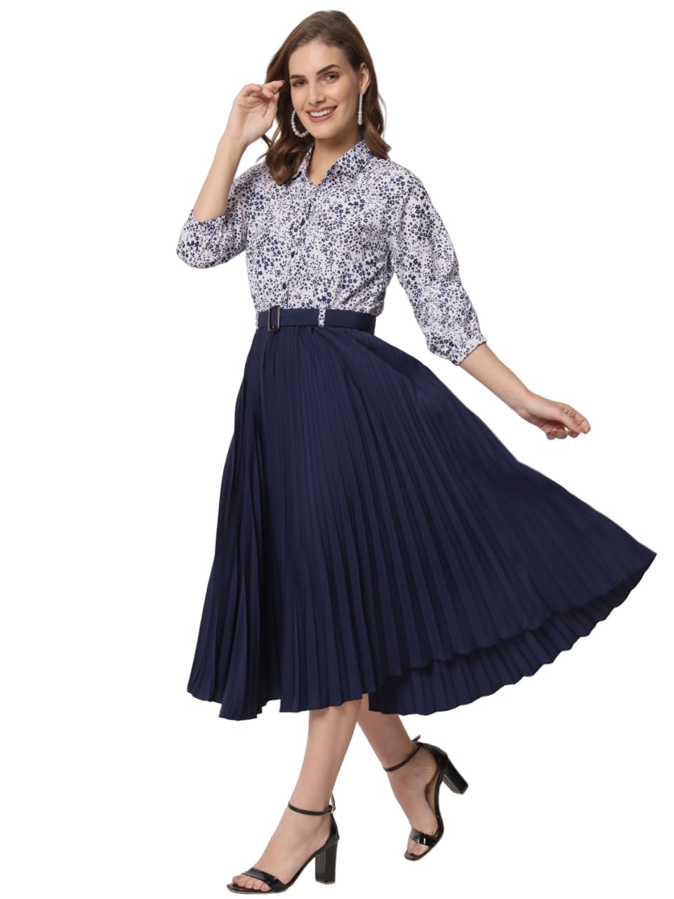 Kzully WomenS Print 3/4 Sleeve Pleated Midi Dress With Belt Navy Blue
