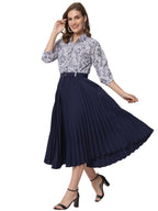 Kzully WomenS Print 3/4 Sleeve Pleated Midi Dress With Belt Navy Blue