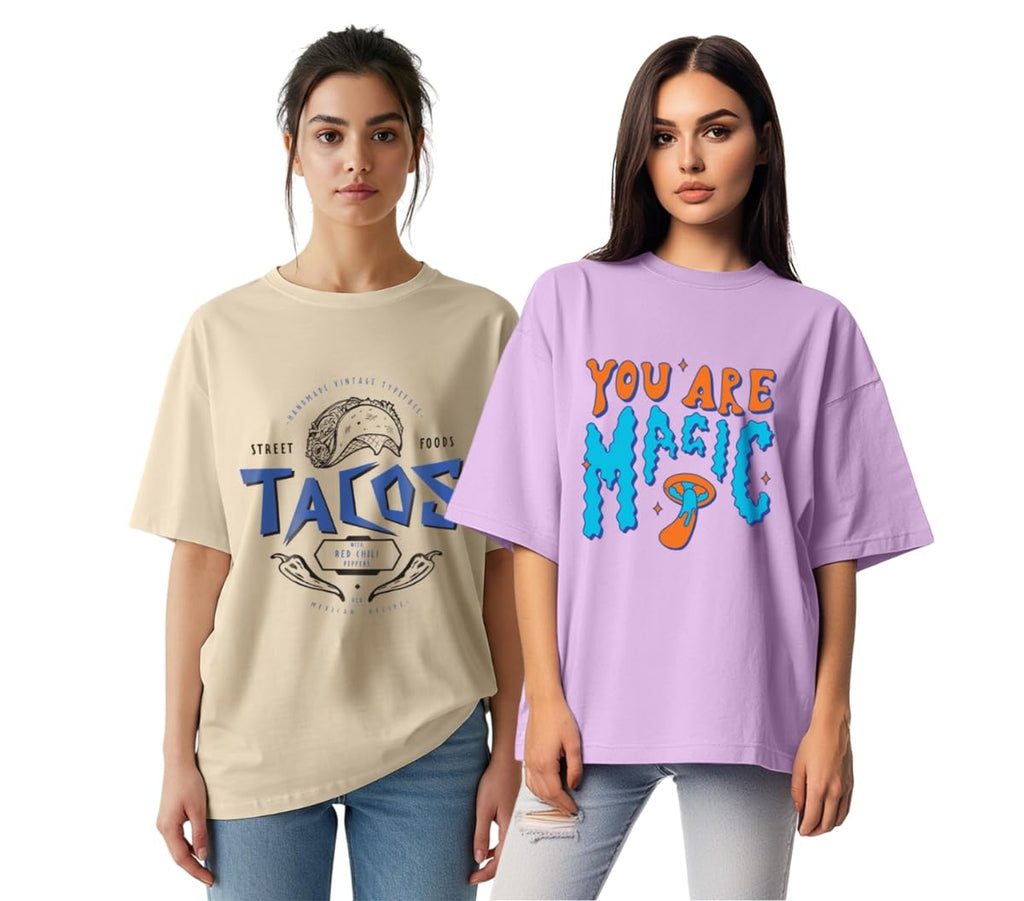 Juneberry Pack Of 2, 100% Pure Cotton, Round Neck, Oversized, Loose, Baggy Fit, Drop Shoulder, Graphic Printed, Half Sleeve T-Sh
