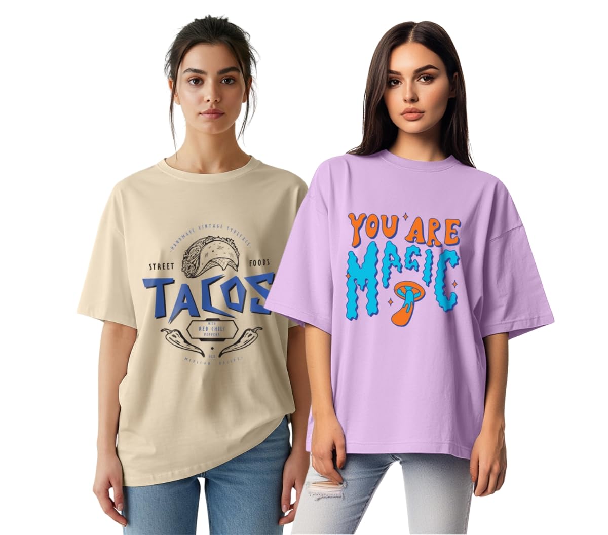 Juneberry Pack Of 2, 100% Pure Cotton, Round Neck, Oversized, Loose, Baggy Fit, Drop Shoulder, Graphic Printed, Half Sleeve T-Sh