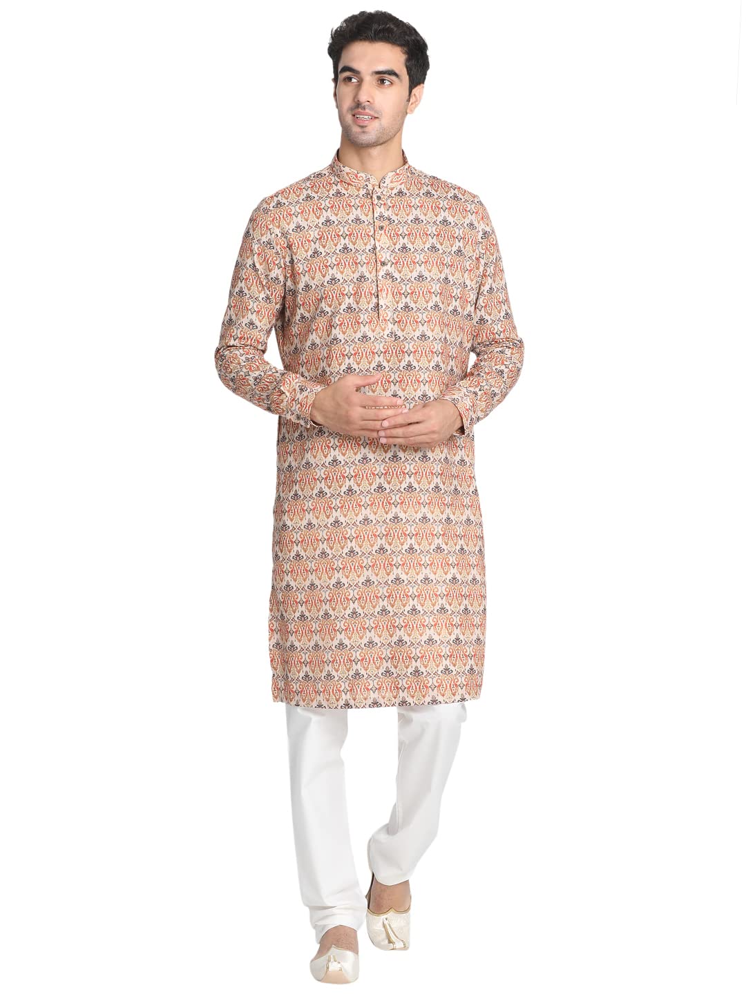 Manyavar Mens Kurta Only, Ethnic Kurta for Men, Full Sleeves Mandarin Collar Printed Blended Viscose Orange Kurta (2XL)