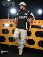 The Souled Store Colourblock T-Shirt: Varsity League Men and Boys Short Sleeves Round Neck Black Graphic Printed Cotton Oversize