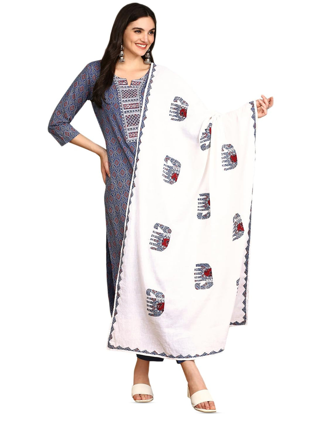 Ajrakh Inspired Printed Cotton Kurta And Pant With Hand Applique Dupatta | Kurta Set For Women | Kurta With Trousers And Dupatta